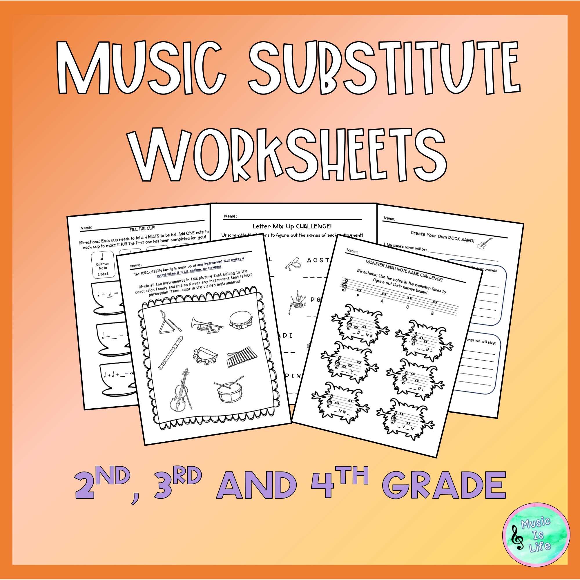 Music Substitute Worksheets for 2nd, 3rd, and 4th Grade by Music Is Life