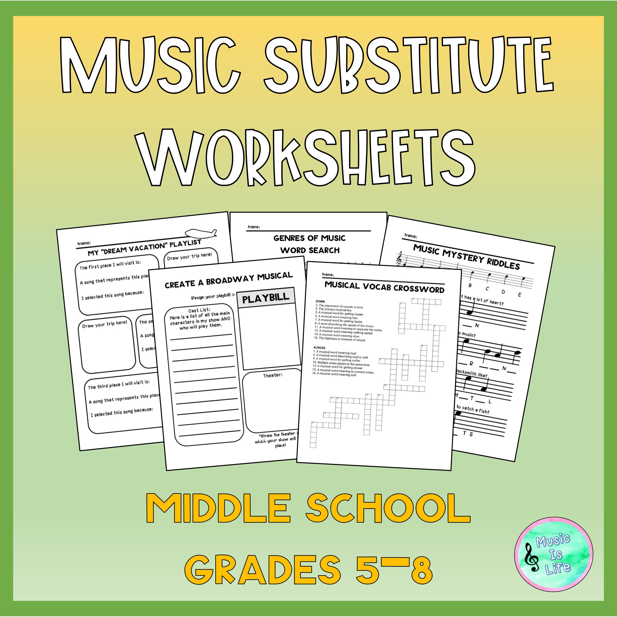 Music Substitute Worksheets for Middle School