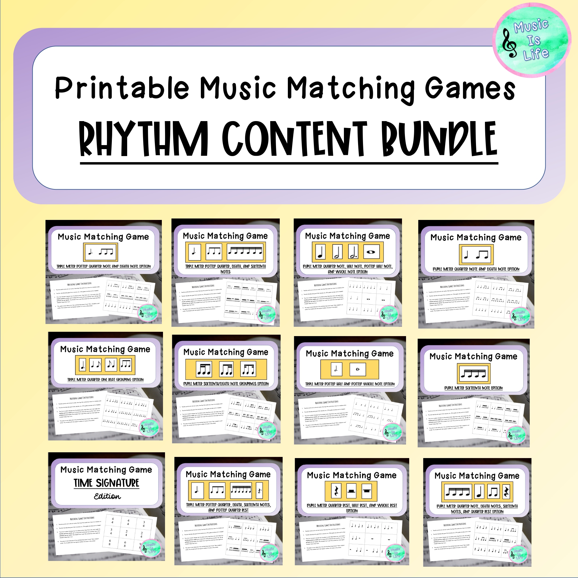 Printable Music Matching Games Rhythm Content BUNDLE