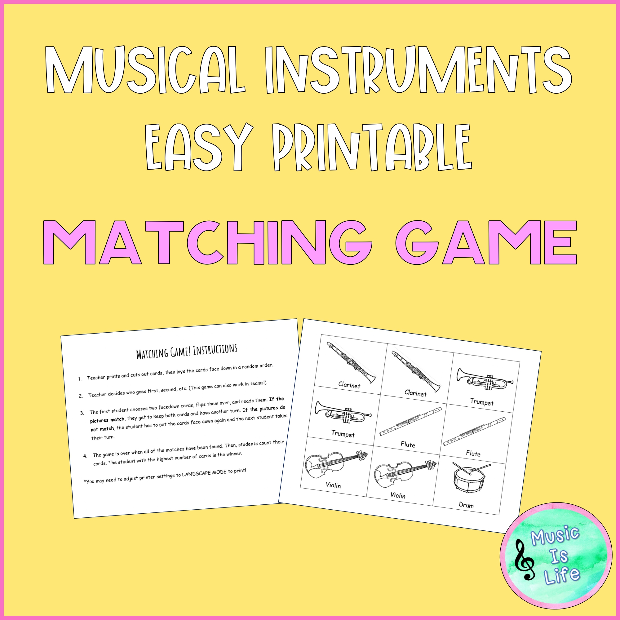 Musical Instruments EASY Printable Matching Game