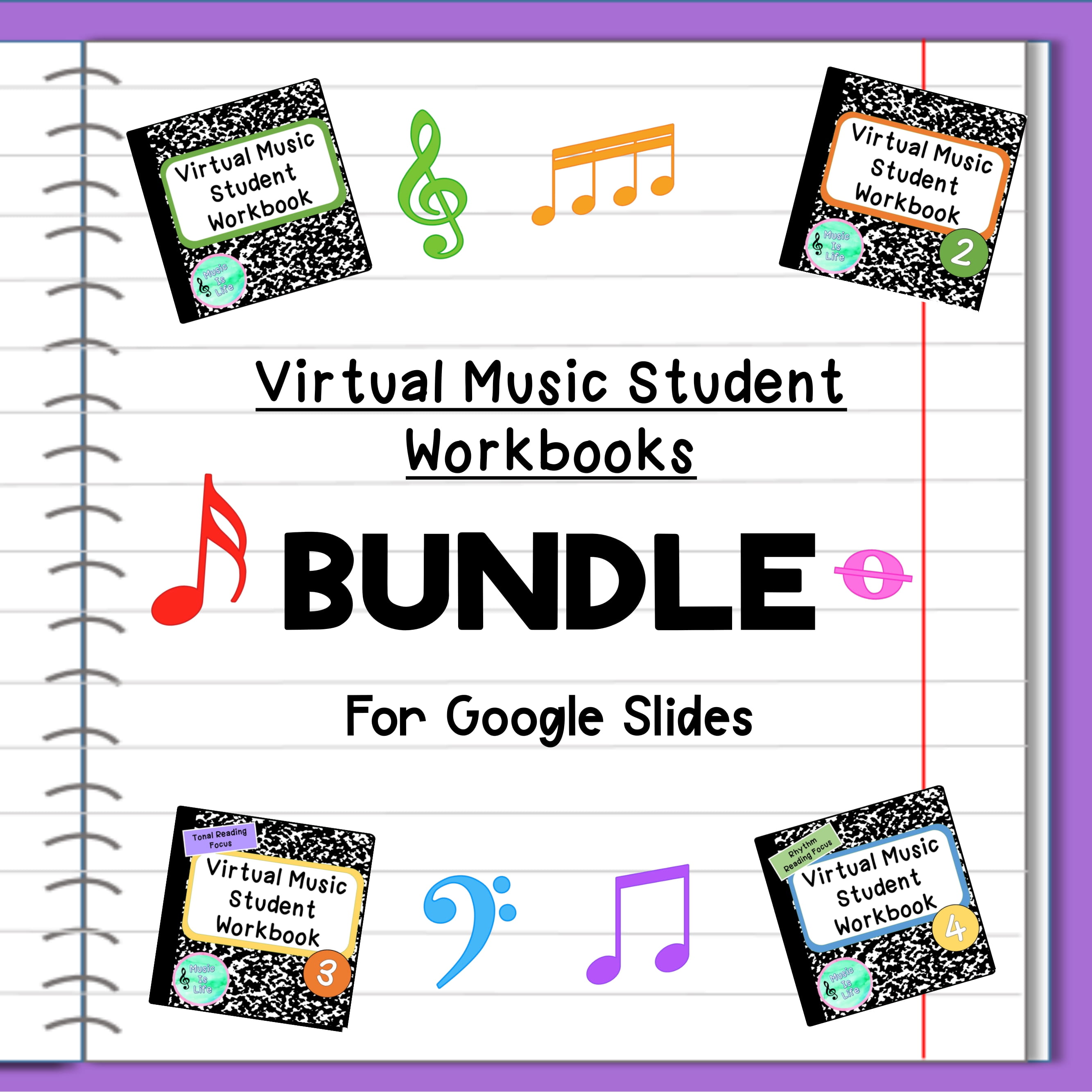 BUNDLE- 4 Virtual Music Student Workbooks for Google Slides by Music Is Life