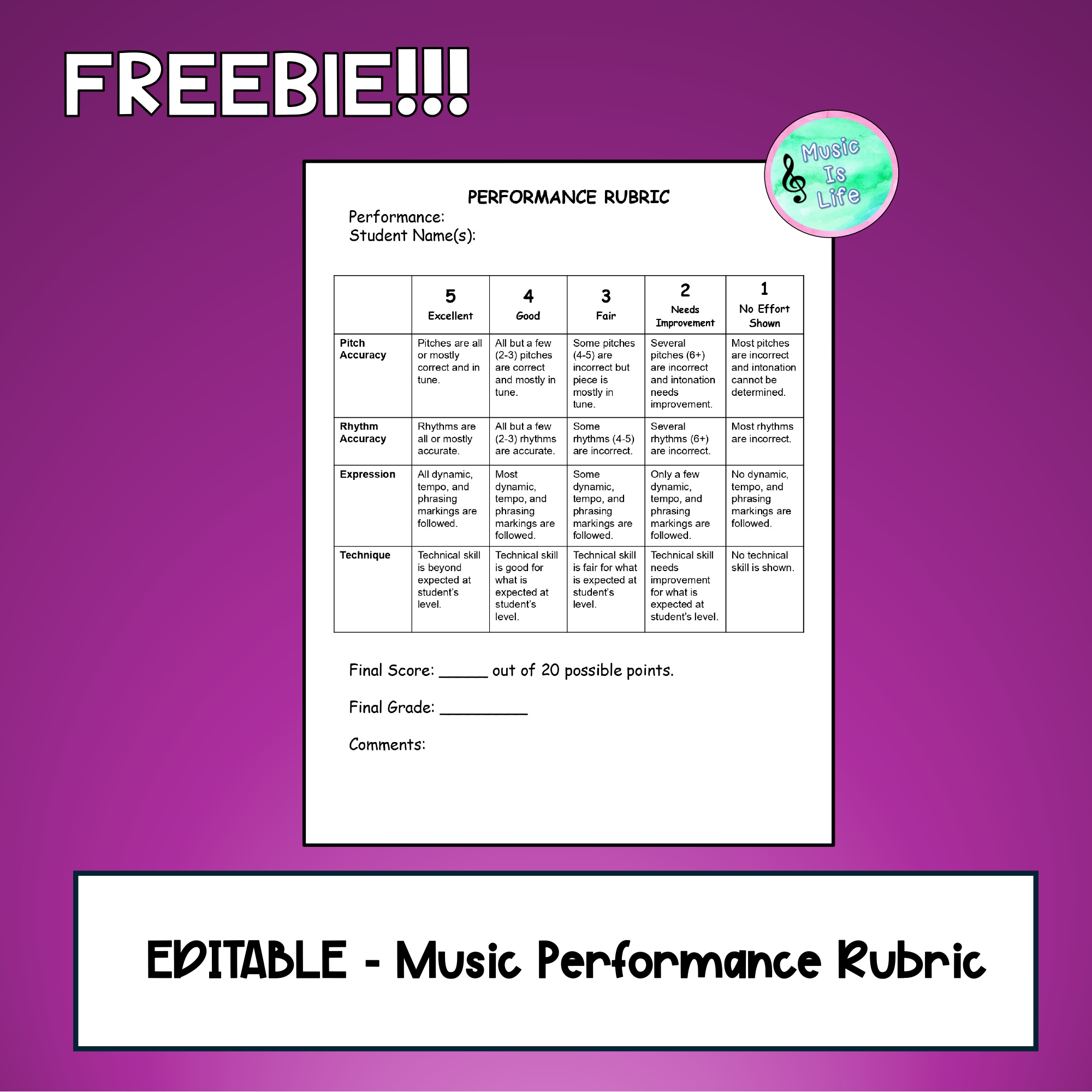 Editable Music Performance Rubric- Freebie!