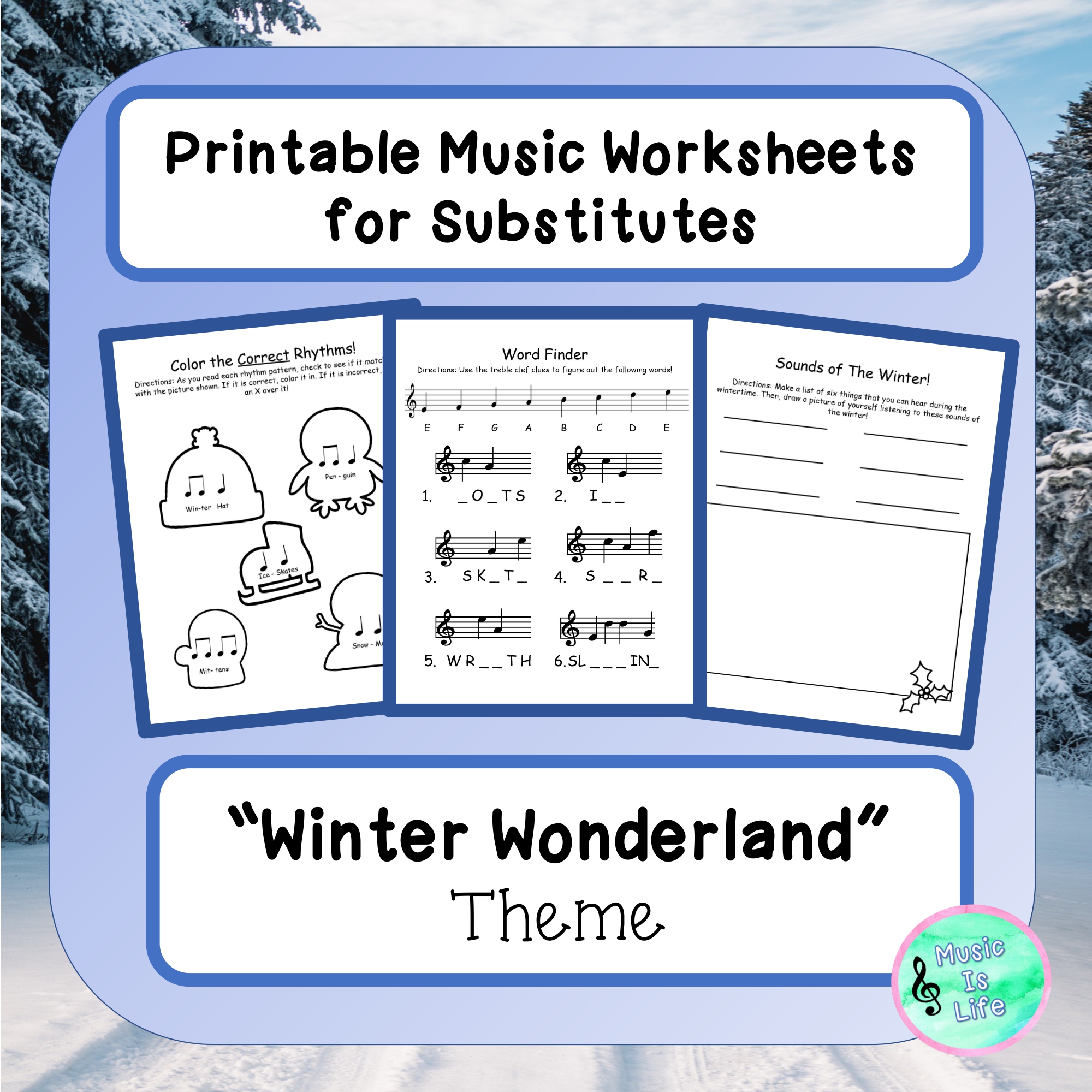 Printable Music Worksheets for Music Sub Plans - "Winter Wonderland"