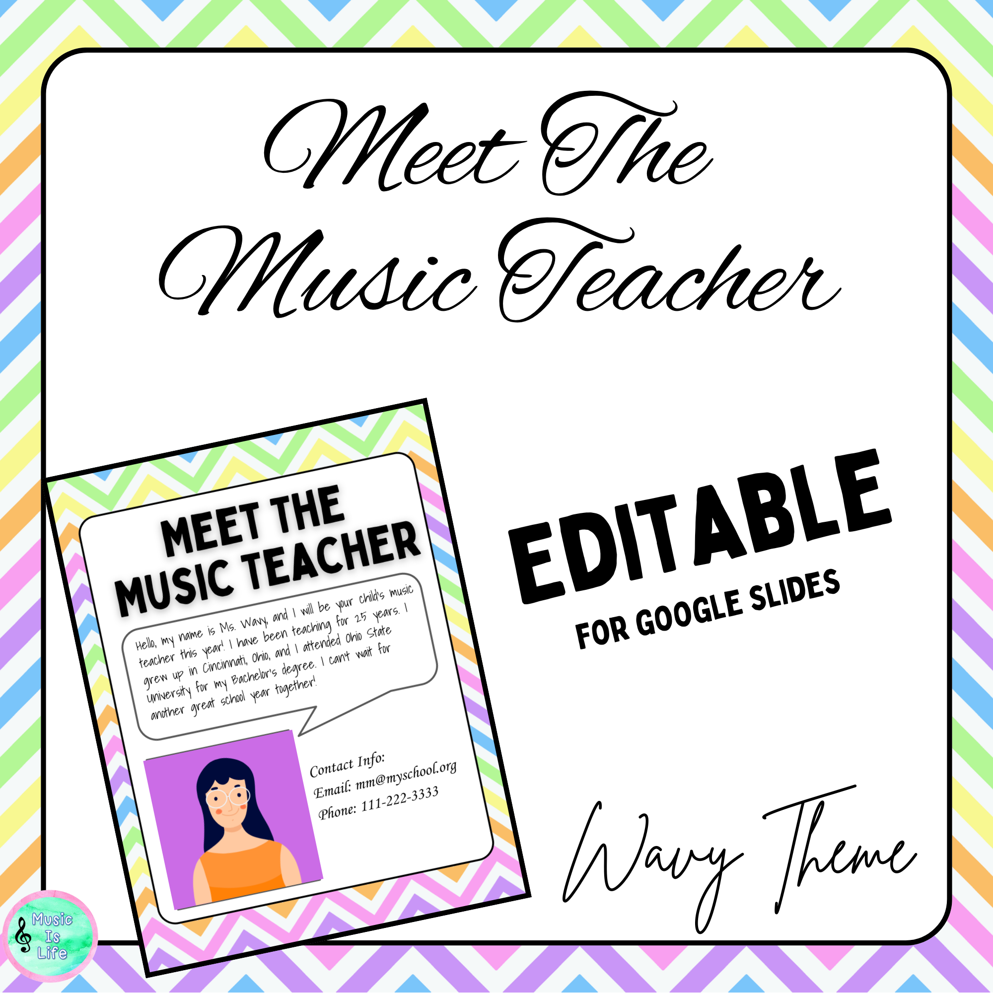 Meet The Music Teacher Editable Google Slides Handout - Wavy Theme"